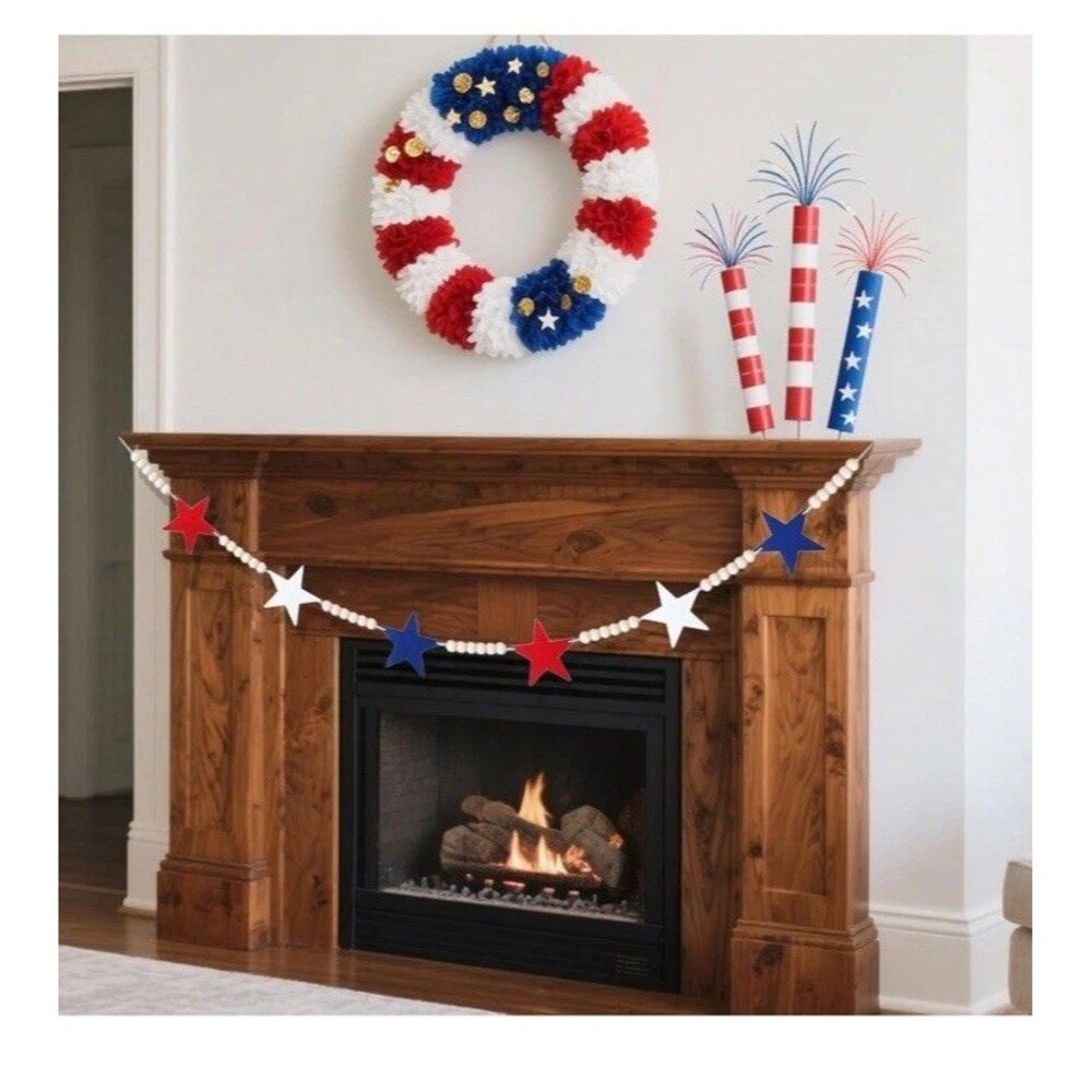 4th of July/Vet Patriotic Garland Wood Bead Garland Mantel Red White Blue 7.5 Ft